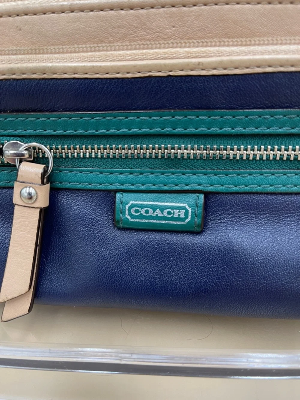 Coach Daisy Navy Teal and Beige Colorful Leather Zip Wristlet Wallet